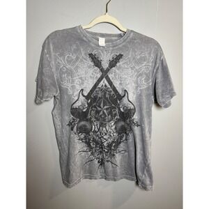 Mens Medium vintage Gray T Shirt Short Sleeve Rock Guitar‎ Skull Star Print Y2K